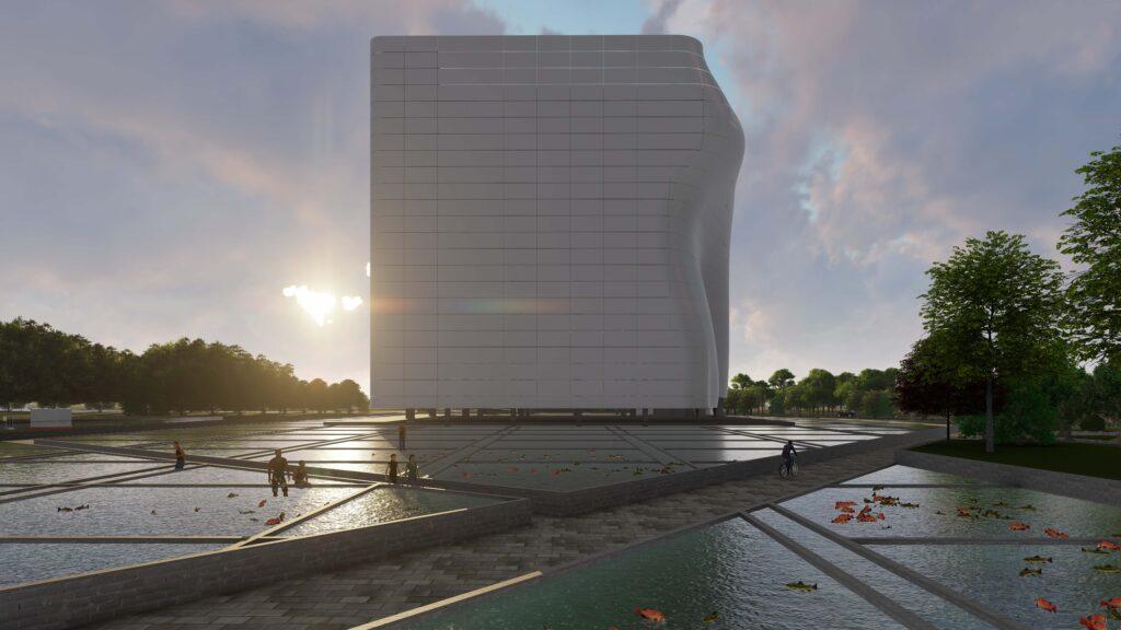Immagine di un Datacenter esteticamente alternativo, un edificio bianco con una forma che richiama un cubo di ghiaccio controsole